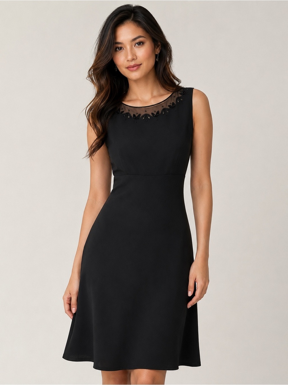 Ann Taylor Black Midi Dress with Sheer Beaded Yoke